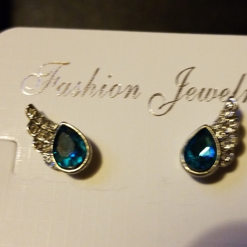 (2for5) Aqua teardrop silver post wing earrings